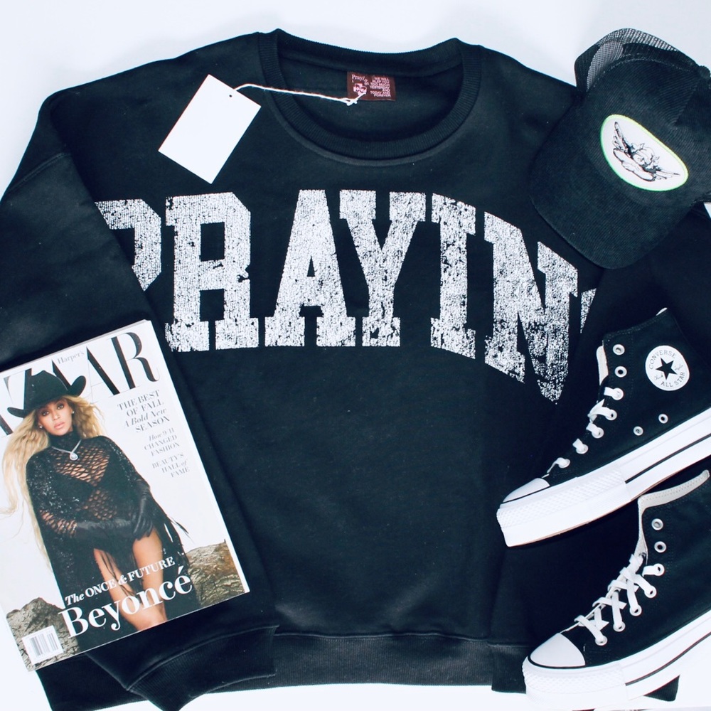 PRAYING Black Faded Sweatshirt